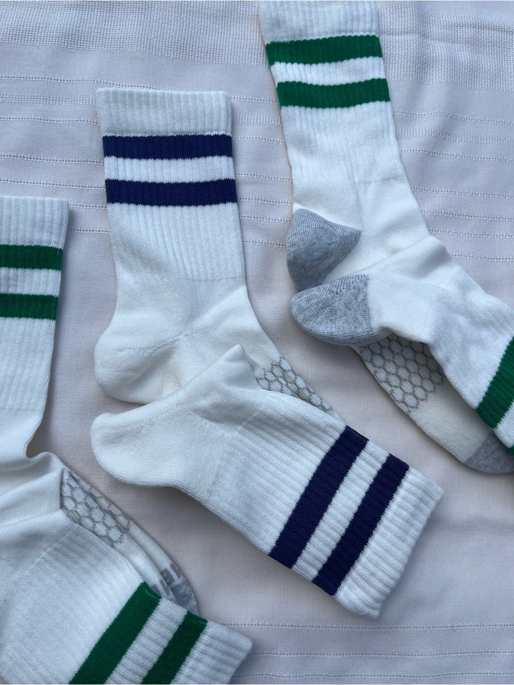 Bombas White Athletic Crew Socks with Green and Navy Stripes - Picture 13 of 14